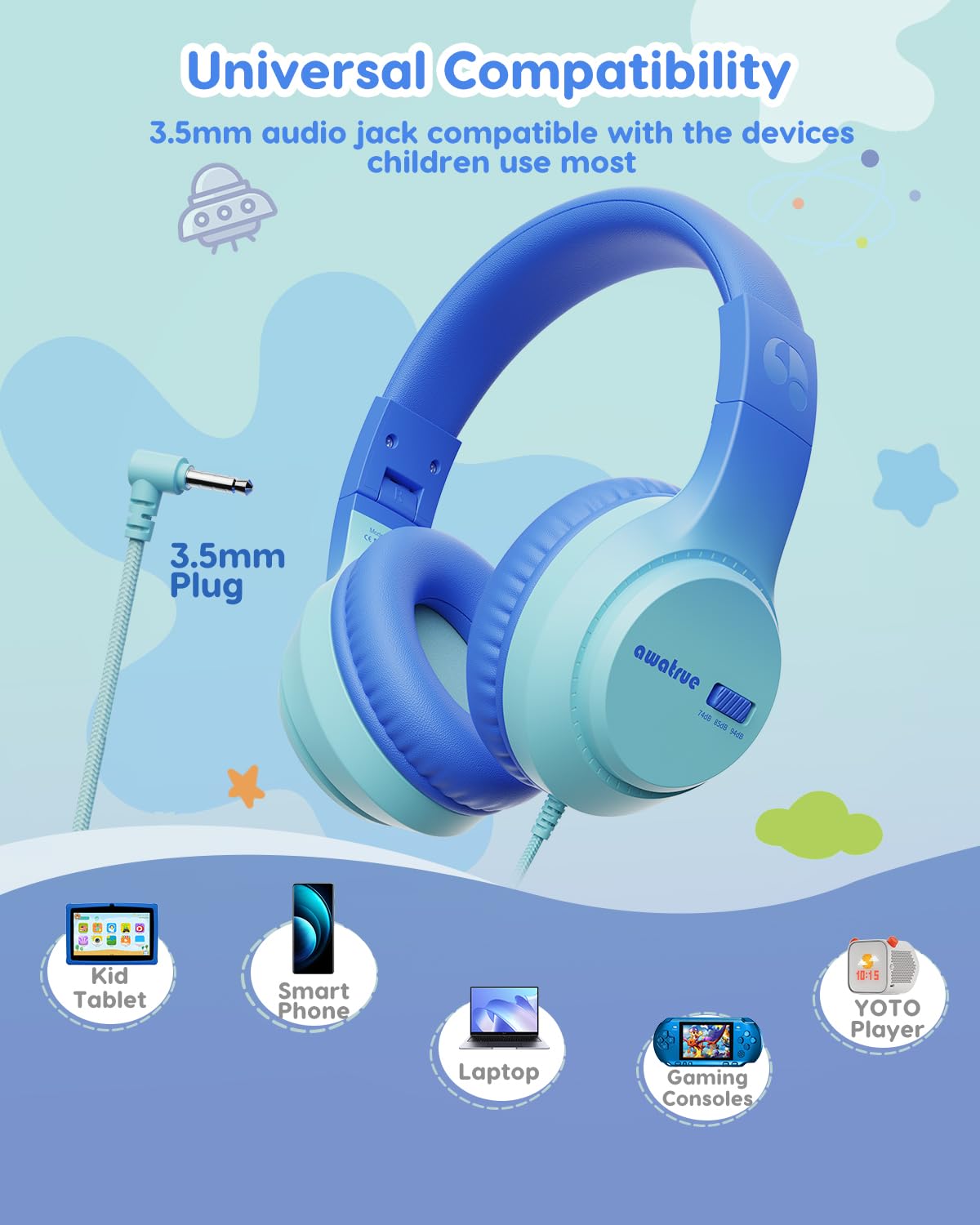 awatrue kids headphones worn by a child ready for classroom or travel