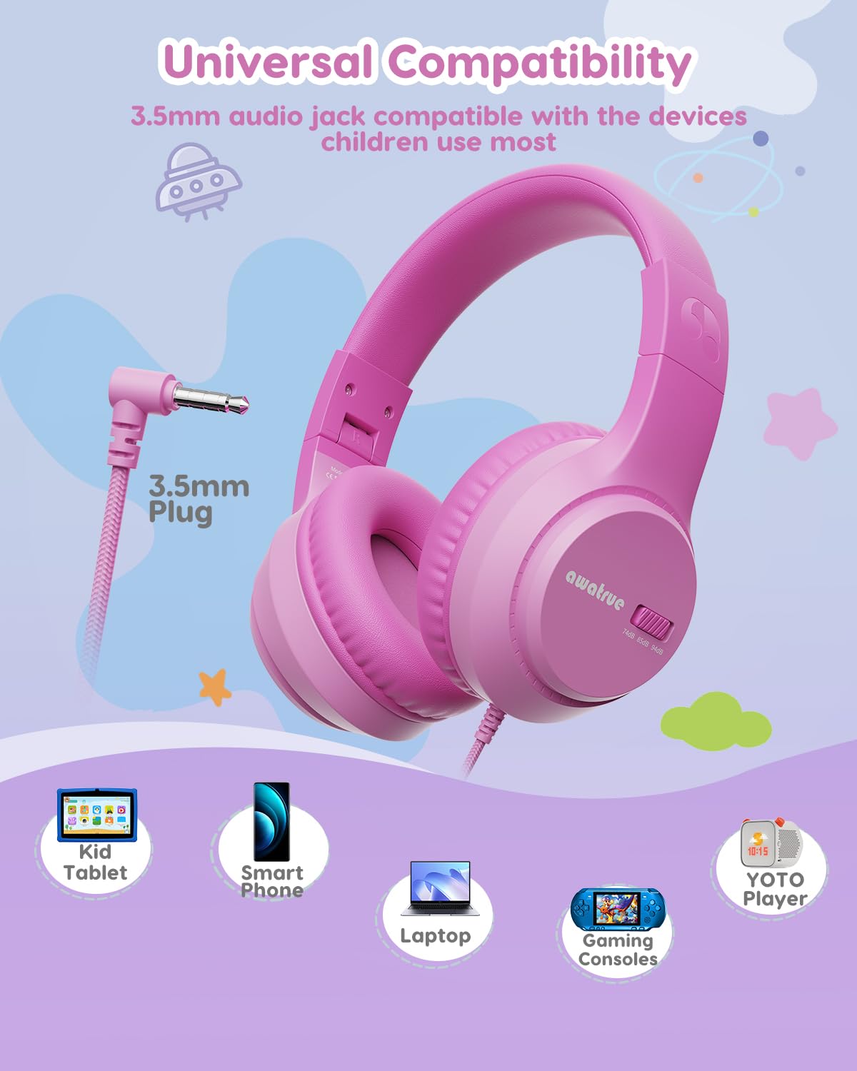 awatrue kids headphones pink design ideal for school and travel