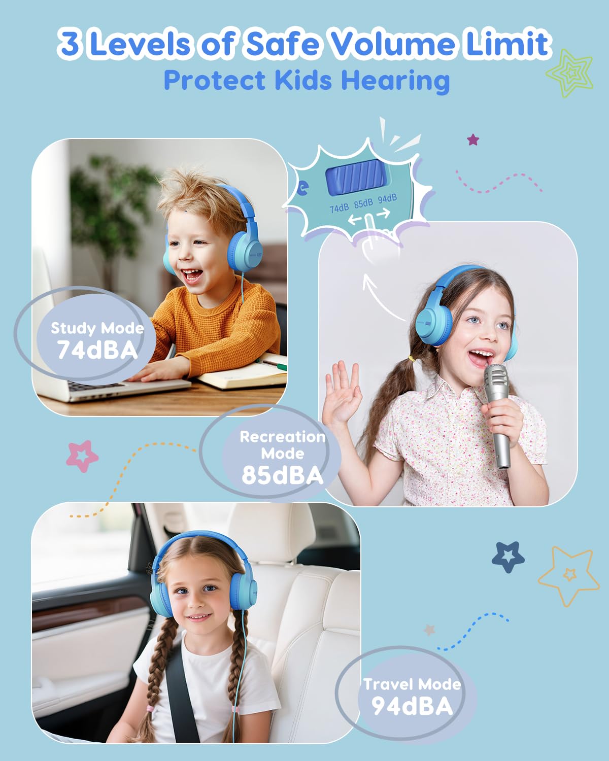 awatrue kids headphones volume slider closeup showing three-level control for safe listening