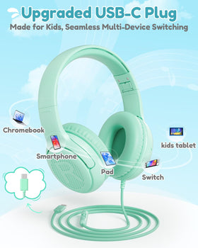 awatrue usb-c kids headphones adjustable headband for secure fit on growing ears