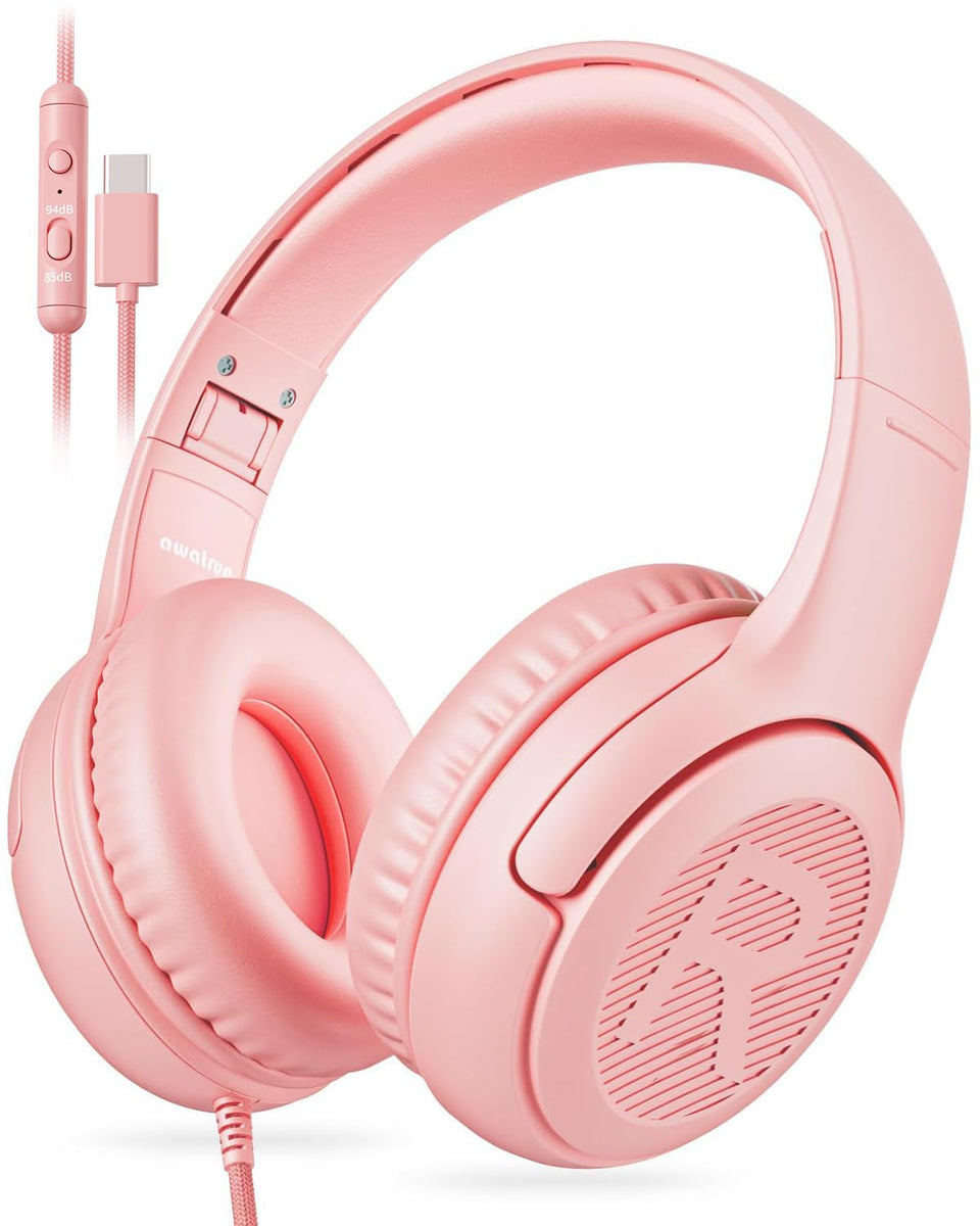 awatrue usb-c kids headphones folded over-ear for easy packing and travel