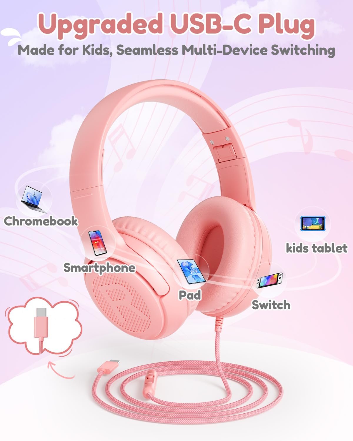 awatrue usb-c kids headphones mic closeup, clear voice capture during online classes