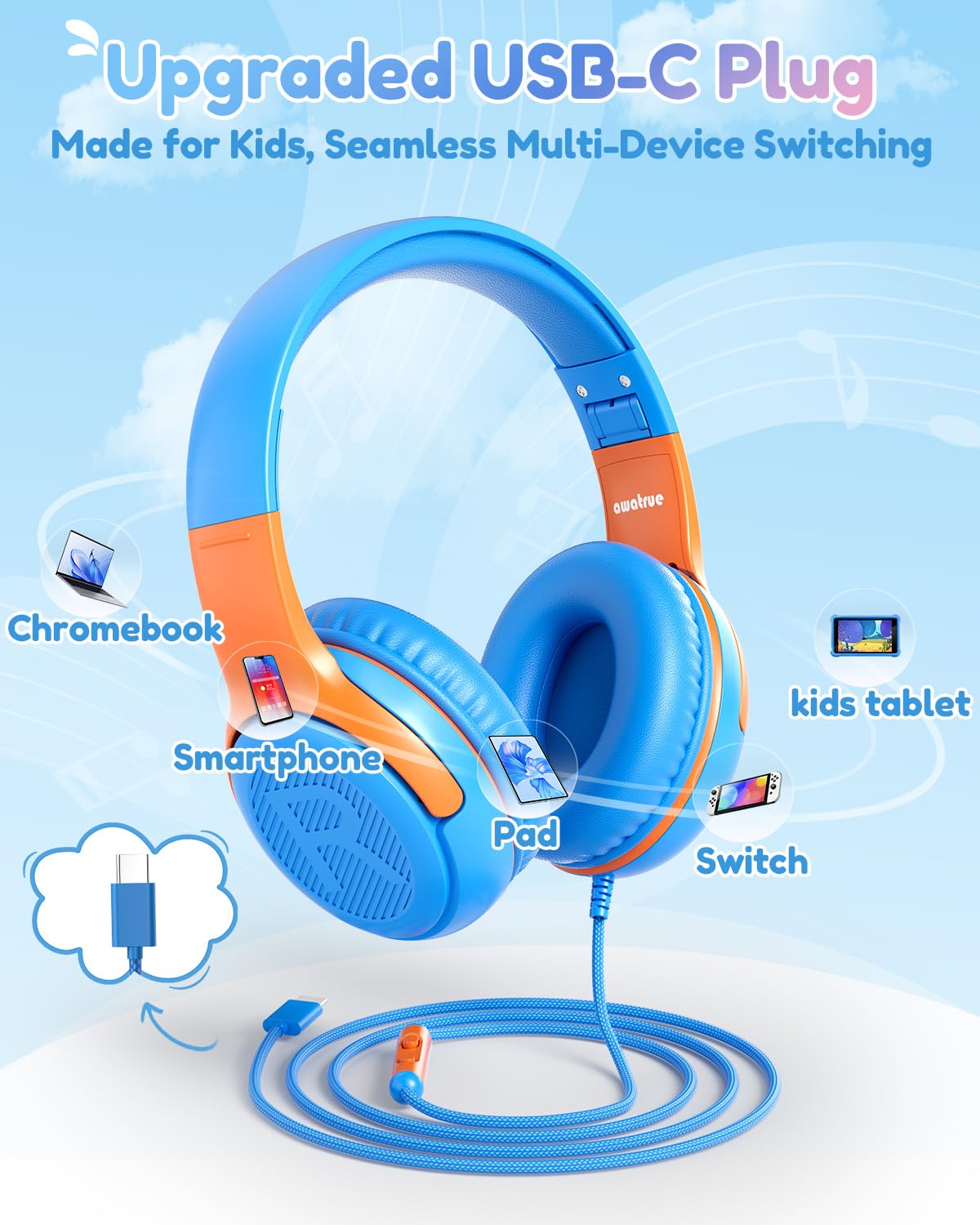 awatrue USB-C kids headphones on child using tablet for learning.
