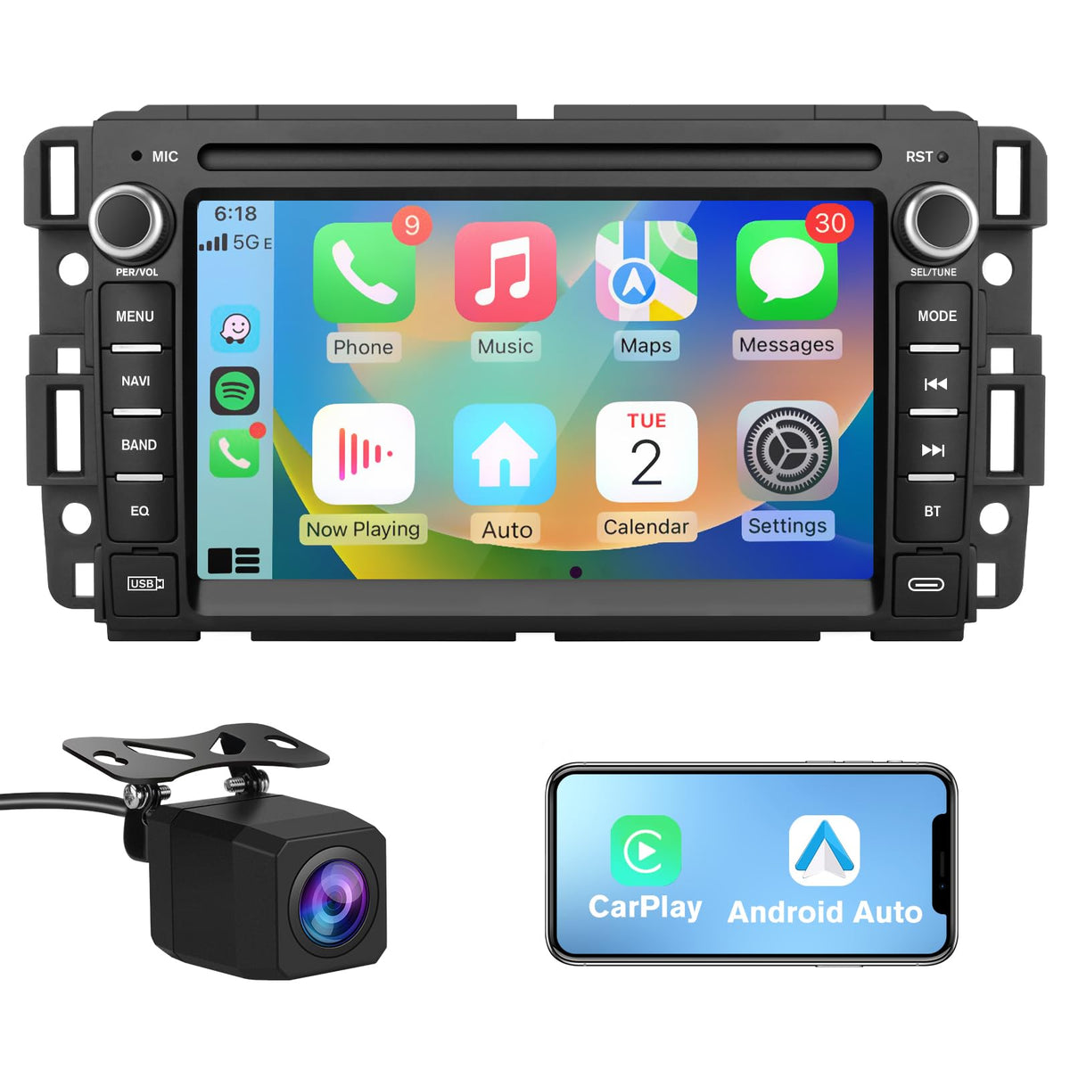 AWESAFE car stereo front panel in a GM dashboard with intuitive touch controls