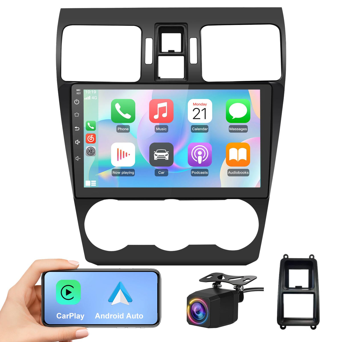 AWESAFE 9-inch Android 13 front display showing navigation and media