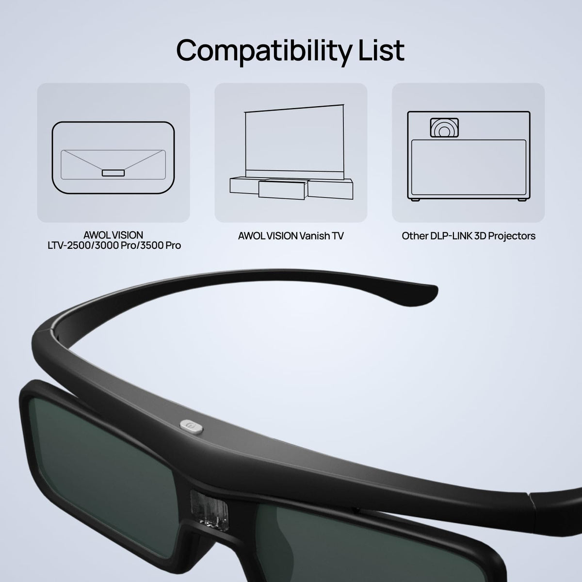 AWOL VISION DLP Link 3D glasses charging indicator highlights power status