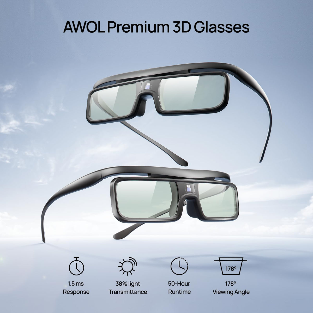 AWOL VISION DLP Link 3D glasses side angle showing ergonomic lightweight design
