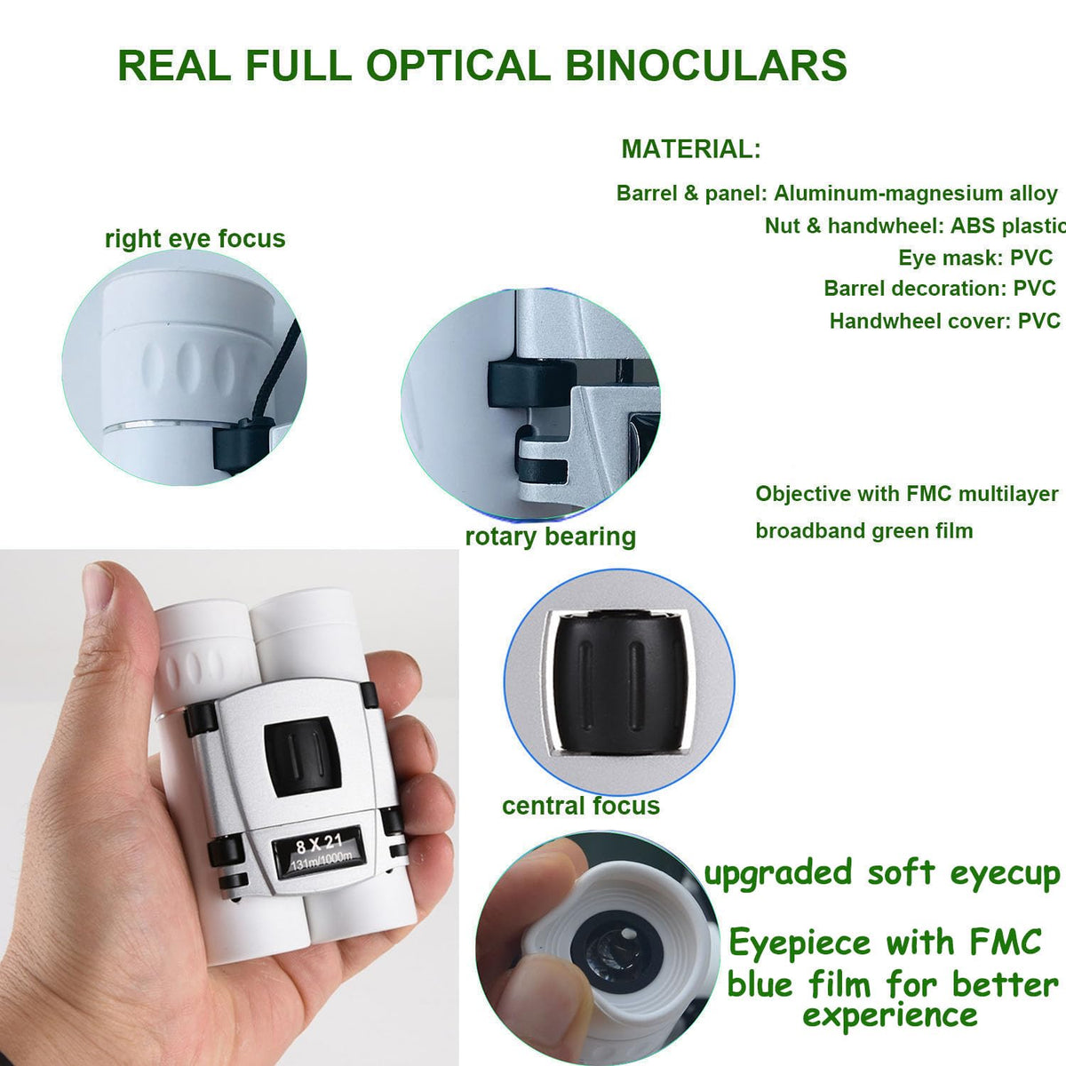 AWOEZ 8x21 binoculars, bird-watching scene, crystal-clear views and portable design.