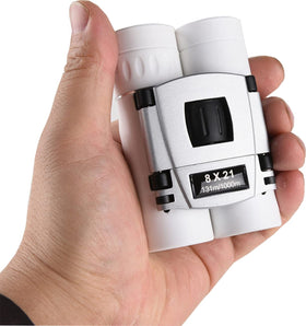 AWOEZ 8x21 compact binoculars in a backpack, ideal for travel and birding.
