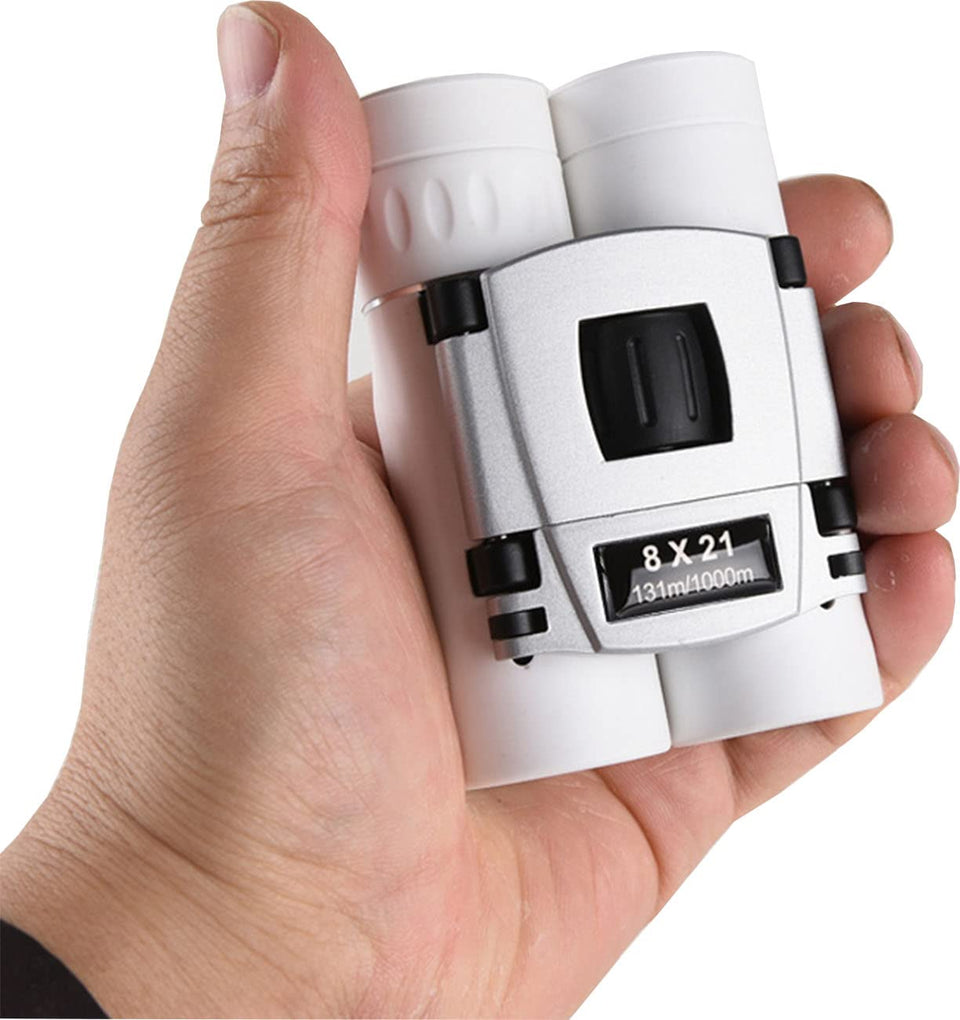 AWOEZ 8x21 compact binoculars in a backpack, ideal for travel and birding.