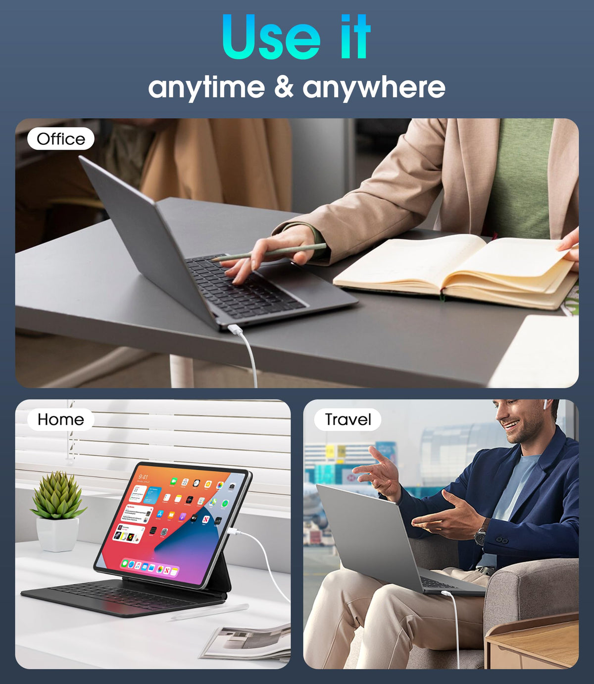 AWUREYIT charger in travel bag with laptop illustrating on-the-go convenience