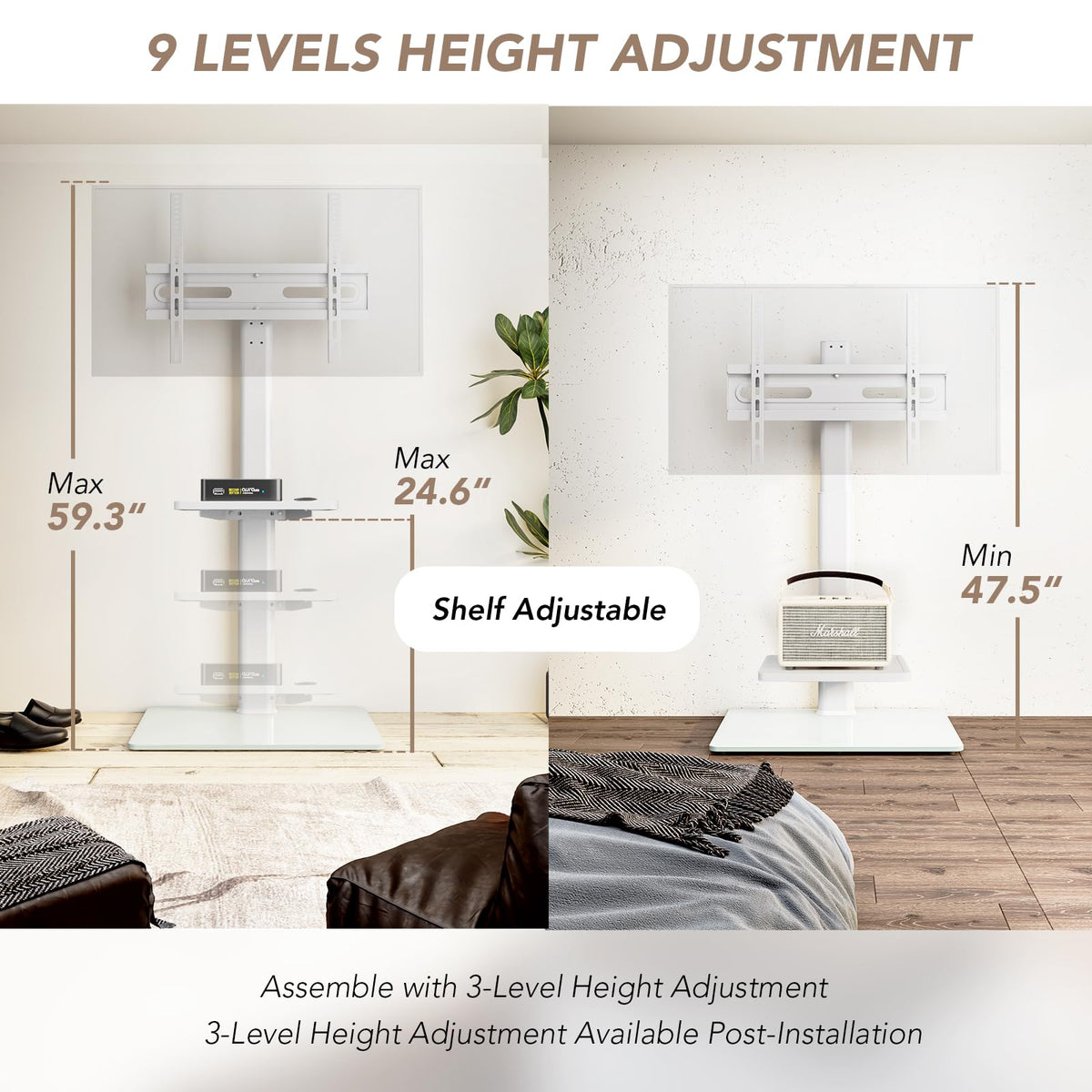 AX WABER universal floor TV stand 70-degree swivel for versatile angles.