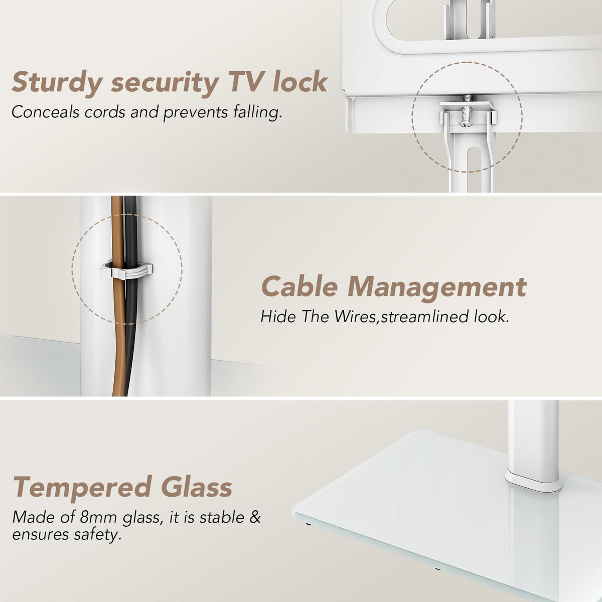 AX WABER universal floor TV stand cable management clips tidy cords.
