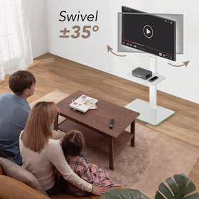 AX WABER universal floor TV stand with TV mounted for immersive viewing.