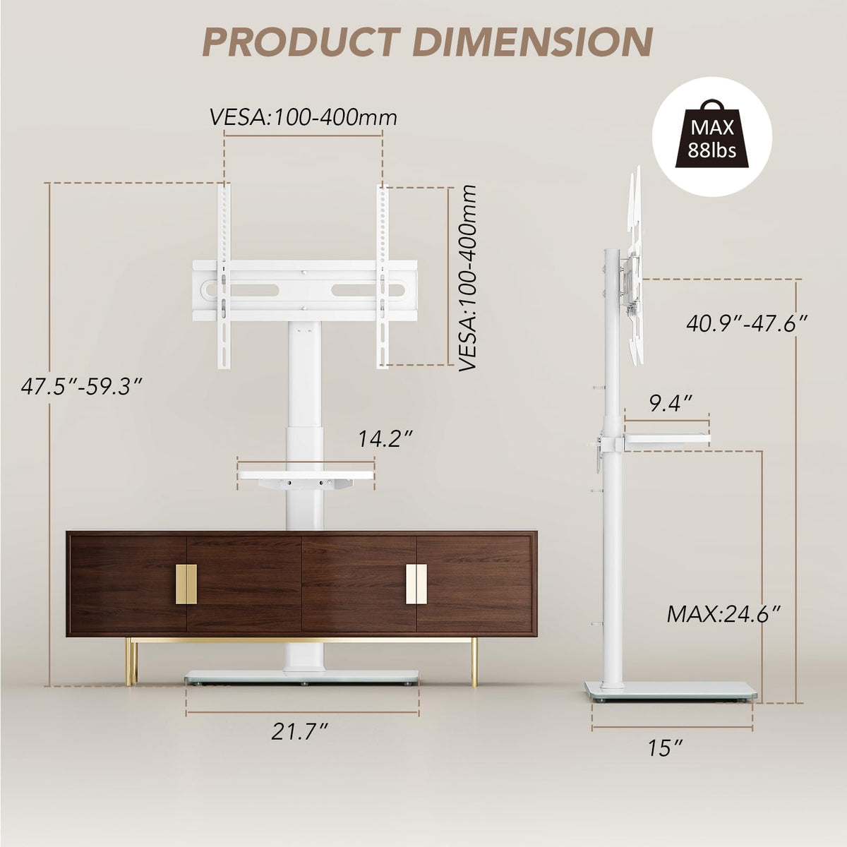 AX WABER universal floor TV stand tempered glass base close-up.