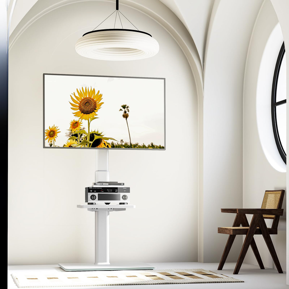 AX WABER universal floor TV stand white finish complements modern spaces.