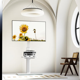 AX WABER universal floor TV stand white finish complements modern spaces.