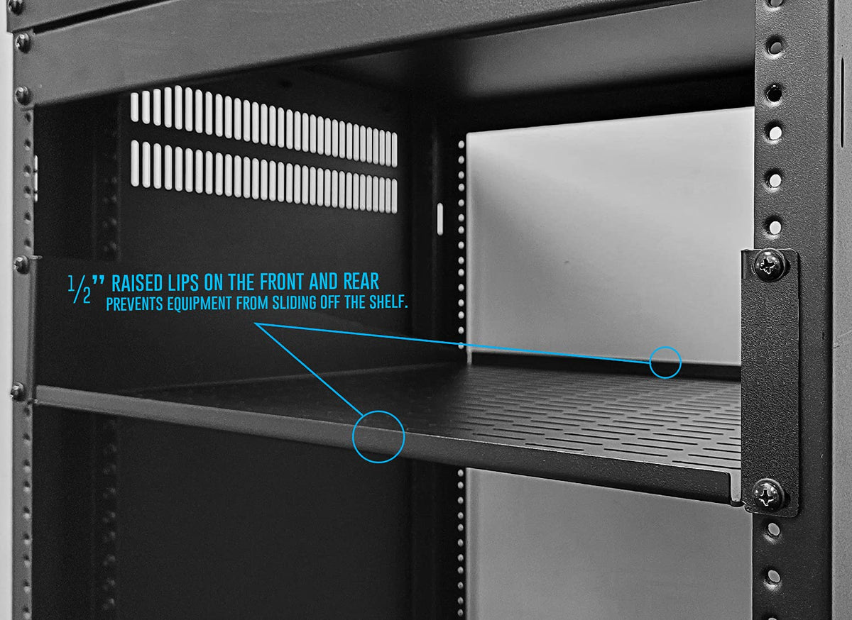 AXA AXCESSABLES 2U vented rack shelf top view demonstrates depth