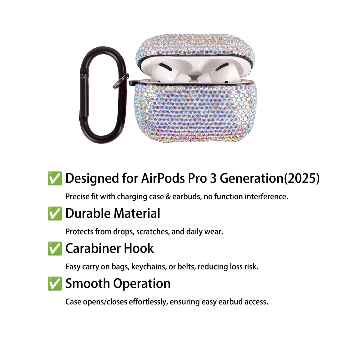 AXCUWS Sparkly Case AirPods Pro 3, side clip for secure everyday carry.