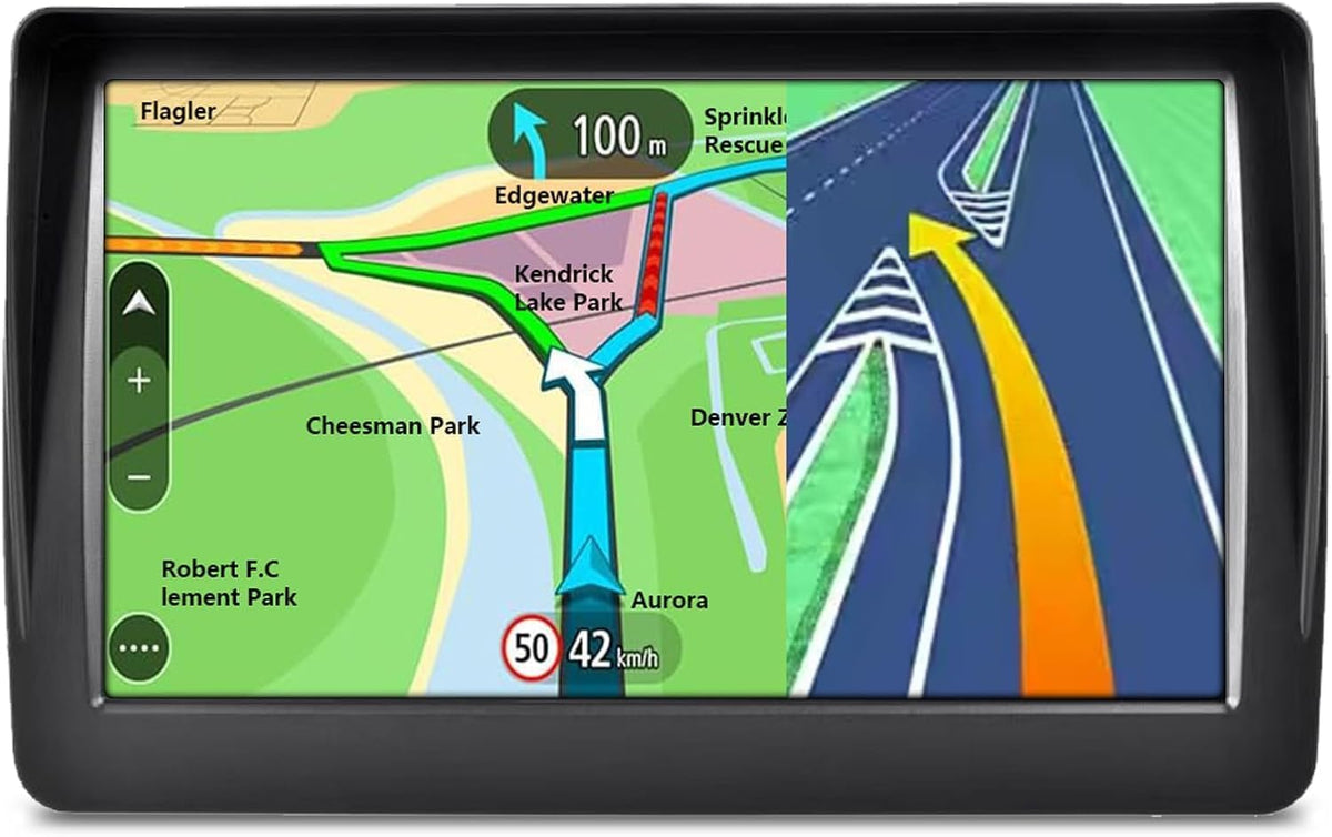 AXIOVINEX GPS navigator with 7-inch display showing turn-by-turn directions