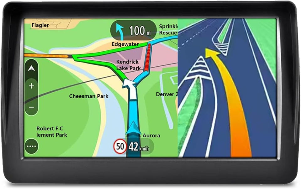AXIOVINEX GPS navigator with 7-inch display showing turn-by-turn directions
