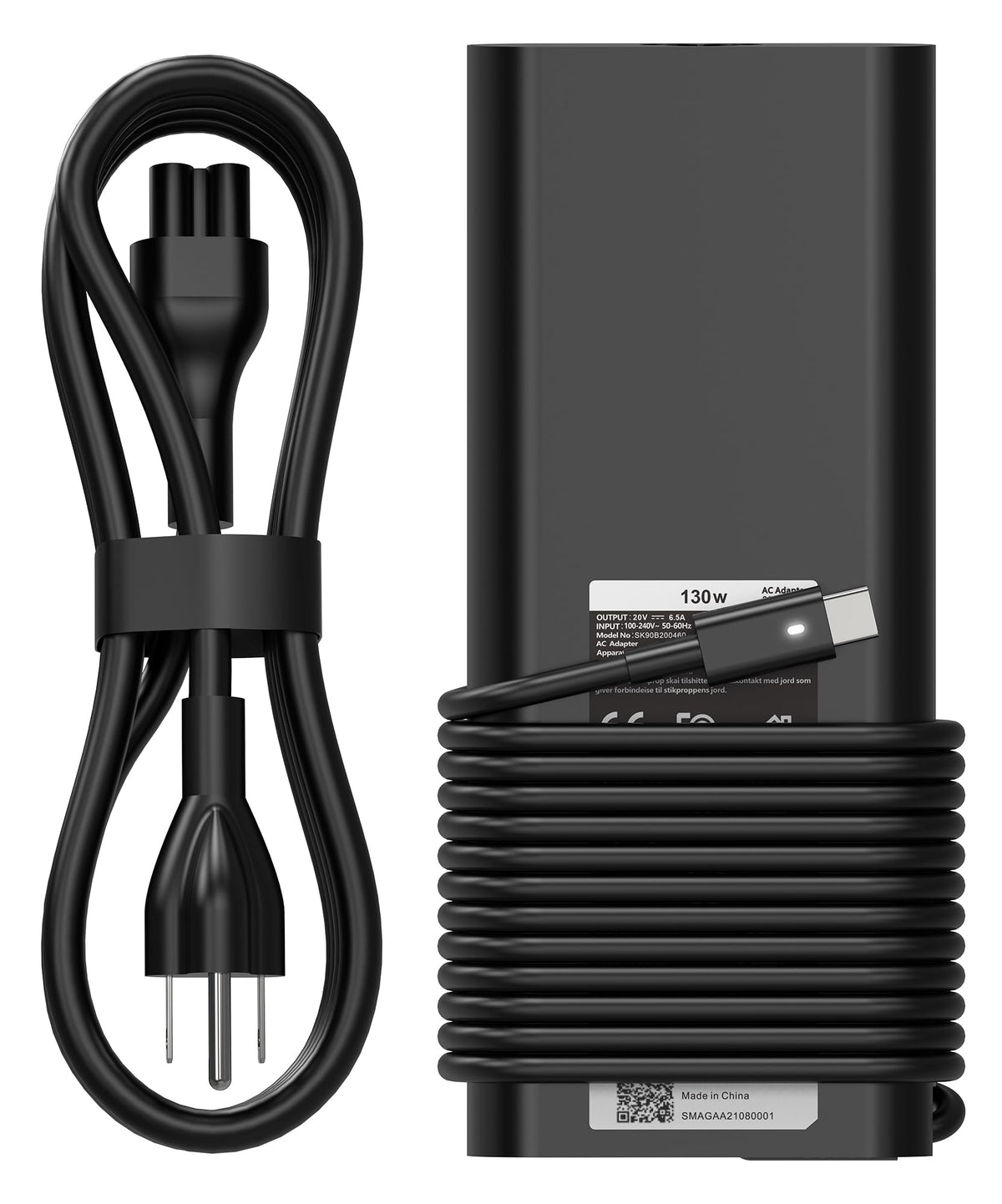 AYKLCZUU 130W USB-C laptop charger front view for Dell XPS, compact and travel-friendly.