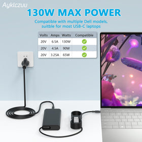 AYKLCZUU 130W USB-C charger side view, ideal for portable Dell XPS charging anywhere.
