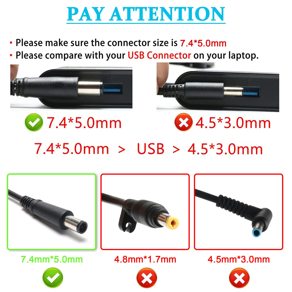 Connector close-up shows precise 7.4x5.0mm tip for secure fits