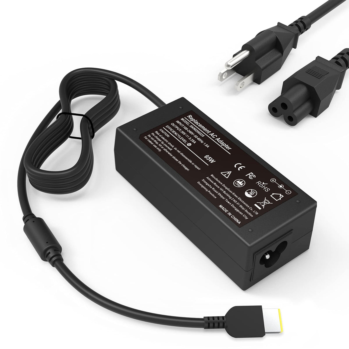 AYKLCZUU 65W charger for Lenovo ThinkPad – angle view highlights compact travel design.