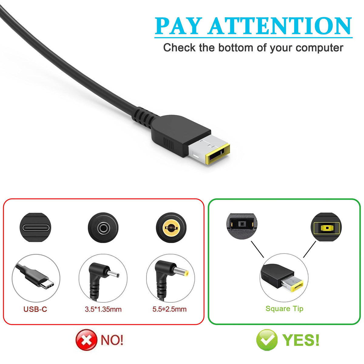 AYKLCZUU 65W charger with yellow-tip closeup shows precise plug and pin-in tip.