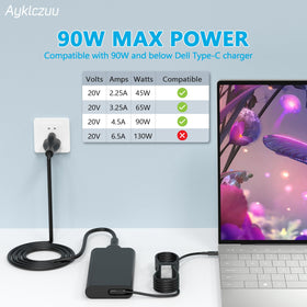 AYKLCZUU 90W USB-C adapter powers Dell laptop with PD flexibility.