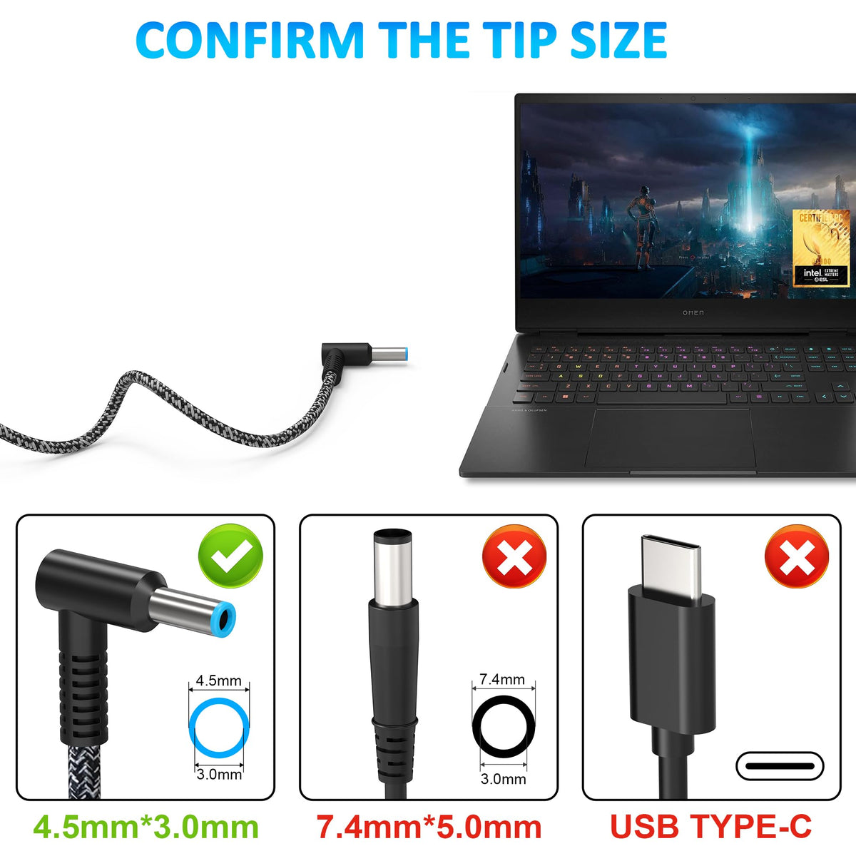 AYKLCZUU adapter connected to an OMEN laptop for stable gaming power