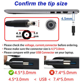 AYKLCZUU connector close-up shows 4.5mm x 3.0mm plug for broad compatibility.