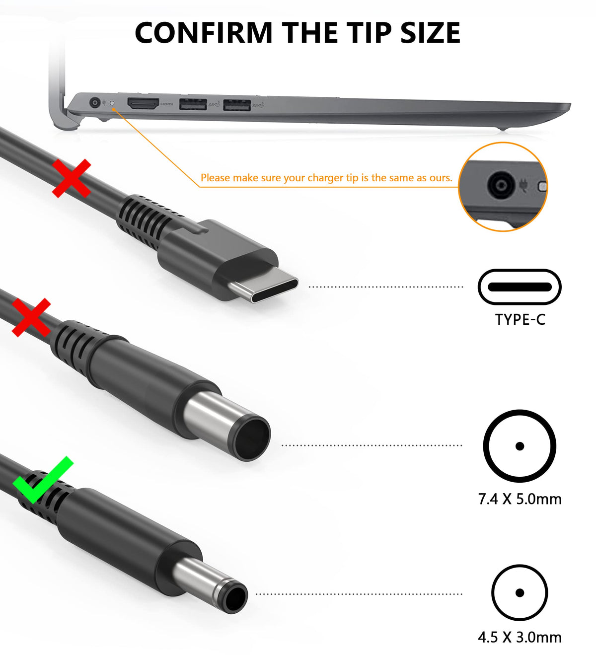 AYKLCZUU Dell charger with 45W round connector, ideal for slim laptops and daily use
