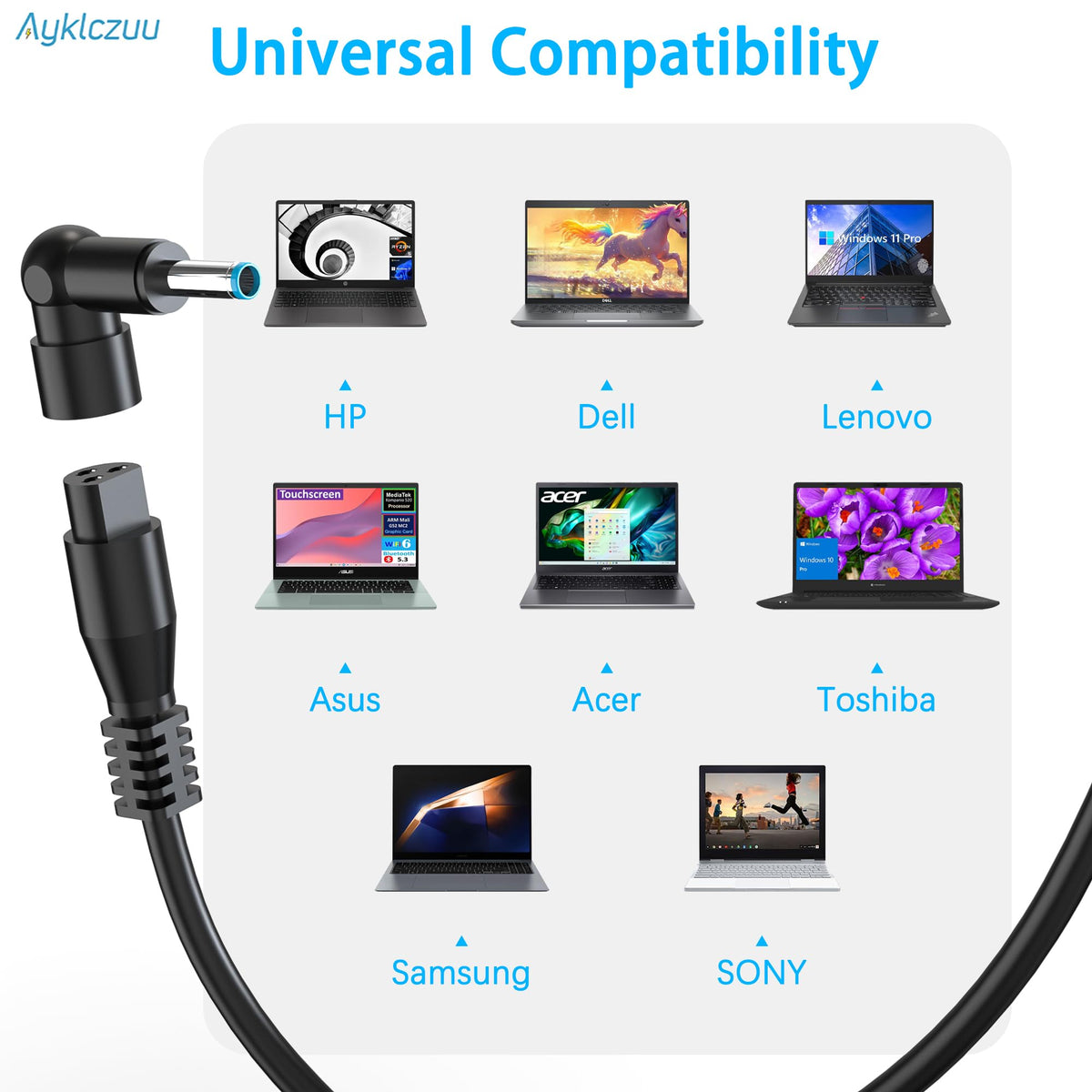 AYKLCZUU package includes 1 charger and 16 plugs for diverse devices.
