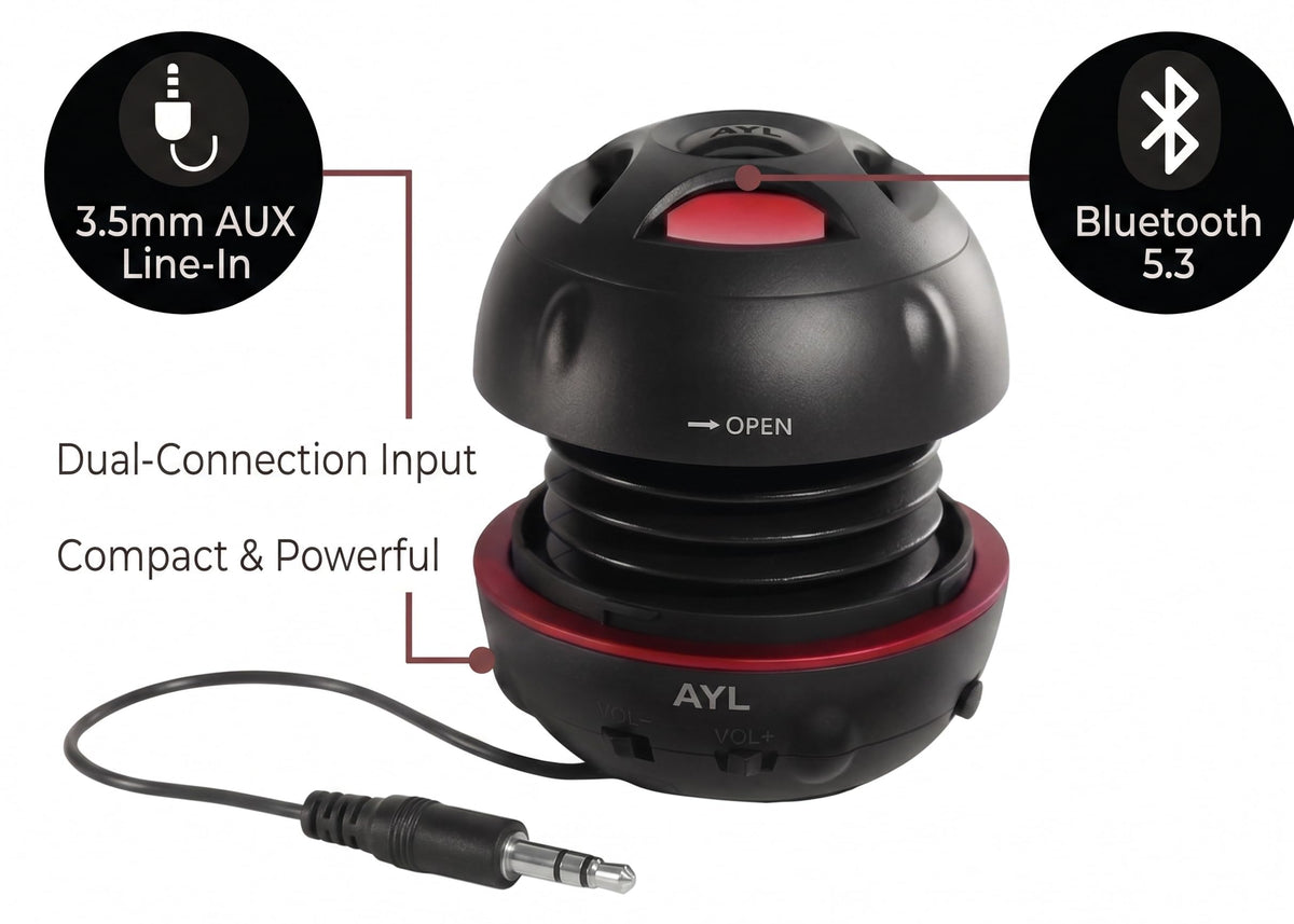 AYL Mini Speaker System charging via USB, showcasing long playback potential