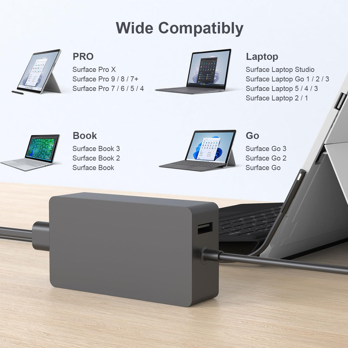 AYNEFF Surface Charger USB-A port enables charging a phone while laptop charges