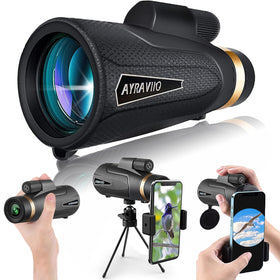 AYRAVIIO 12x60 monocular on a hiking trail offering crisp distant views