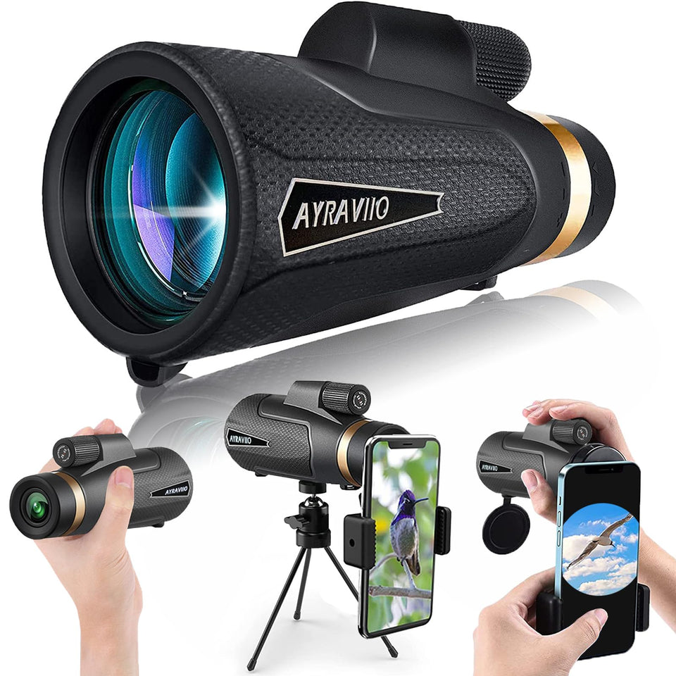 AYRAVIIO 12x60 monocular on a hiking trail offering crisp distant views