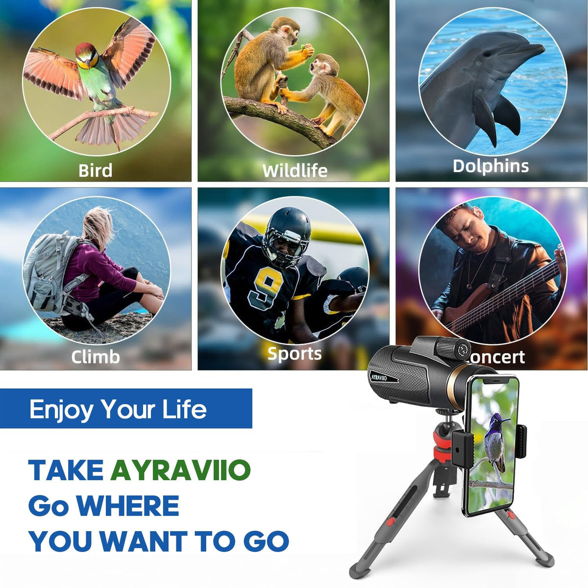 AYRAVIIO travel-ready kit for birdwatching, hiking, and scenic viewing.