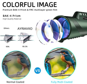 AYRAVIIO objective lens closeup showing BAK4 glass and coatings for brighter images