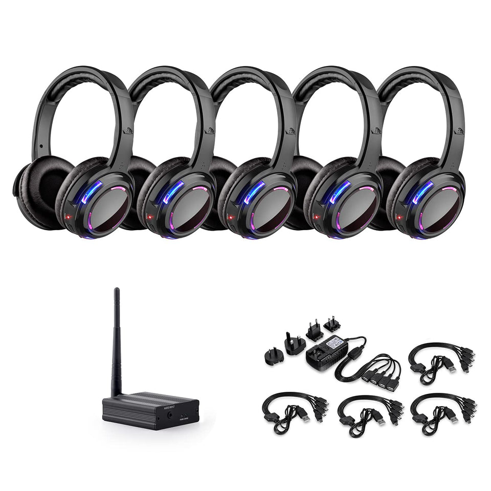 AYVVPII silent disco headphones with 30 LEDs offering vibrant music-synced lighting