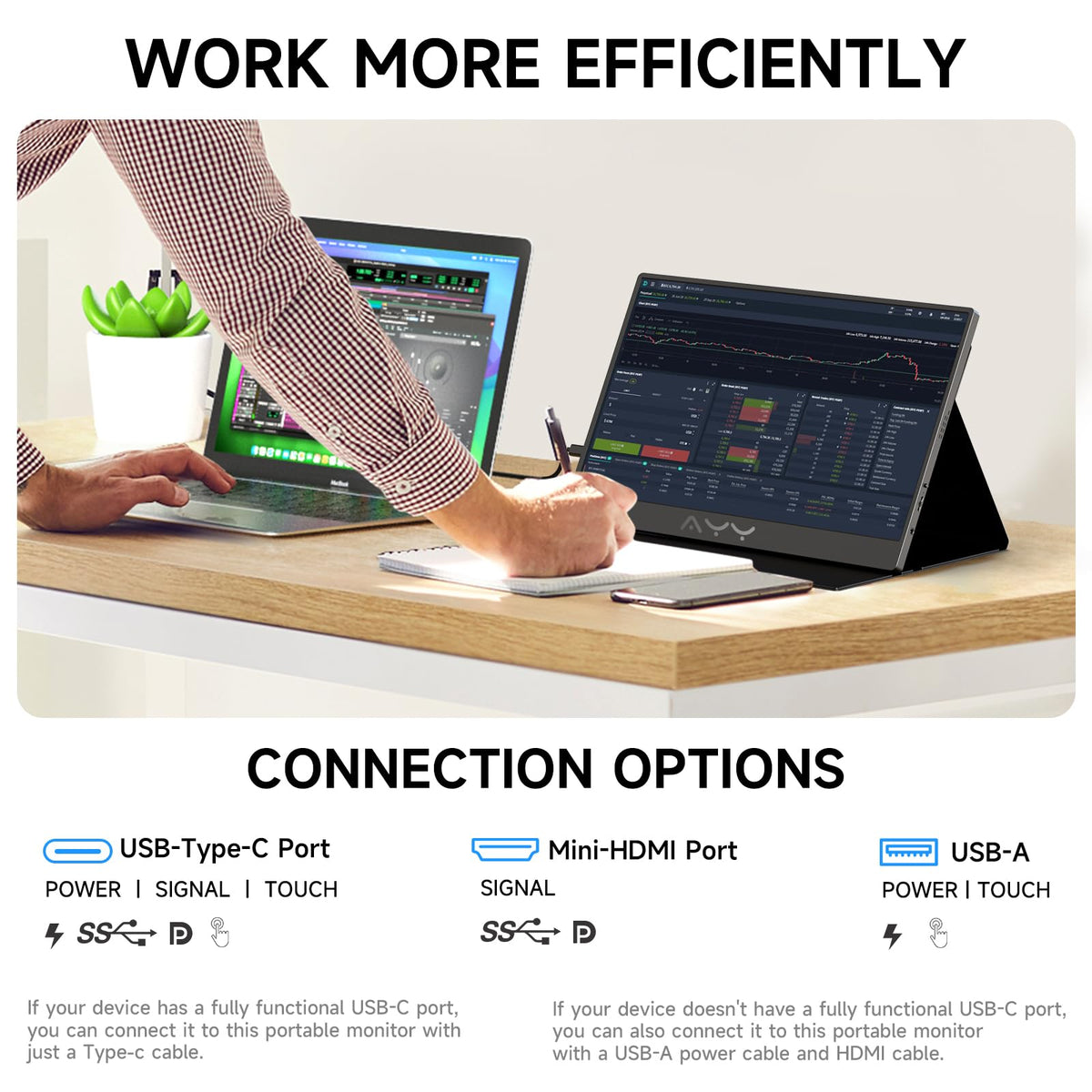 AYY monitor ports showing USB-C and Mini HDMI for one-cable connectivity