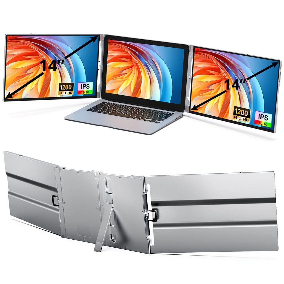 AYY Laptop Screen Extender front view with triple 14-inch displays for expanded workspace