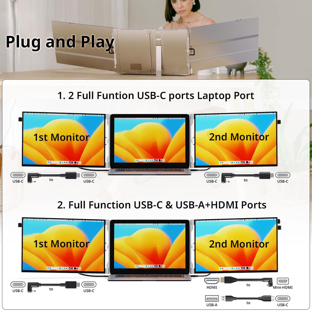 AYY Aluminum stand supports stable triple-monitor arrangement for multitasking