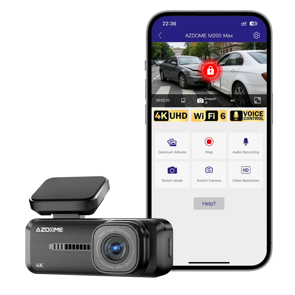 AZDOME front view dash cam showing compact 4K unit and unobstructed windshield