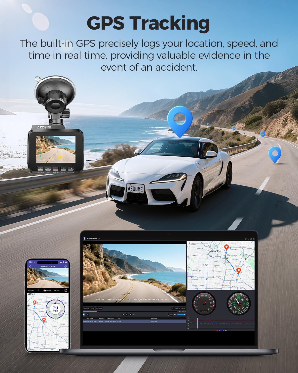 AZDOME GS63H GPS module logs route and speed data on the go