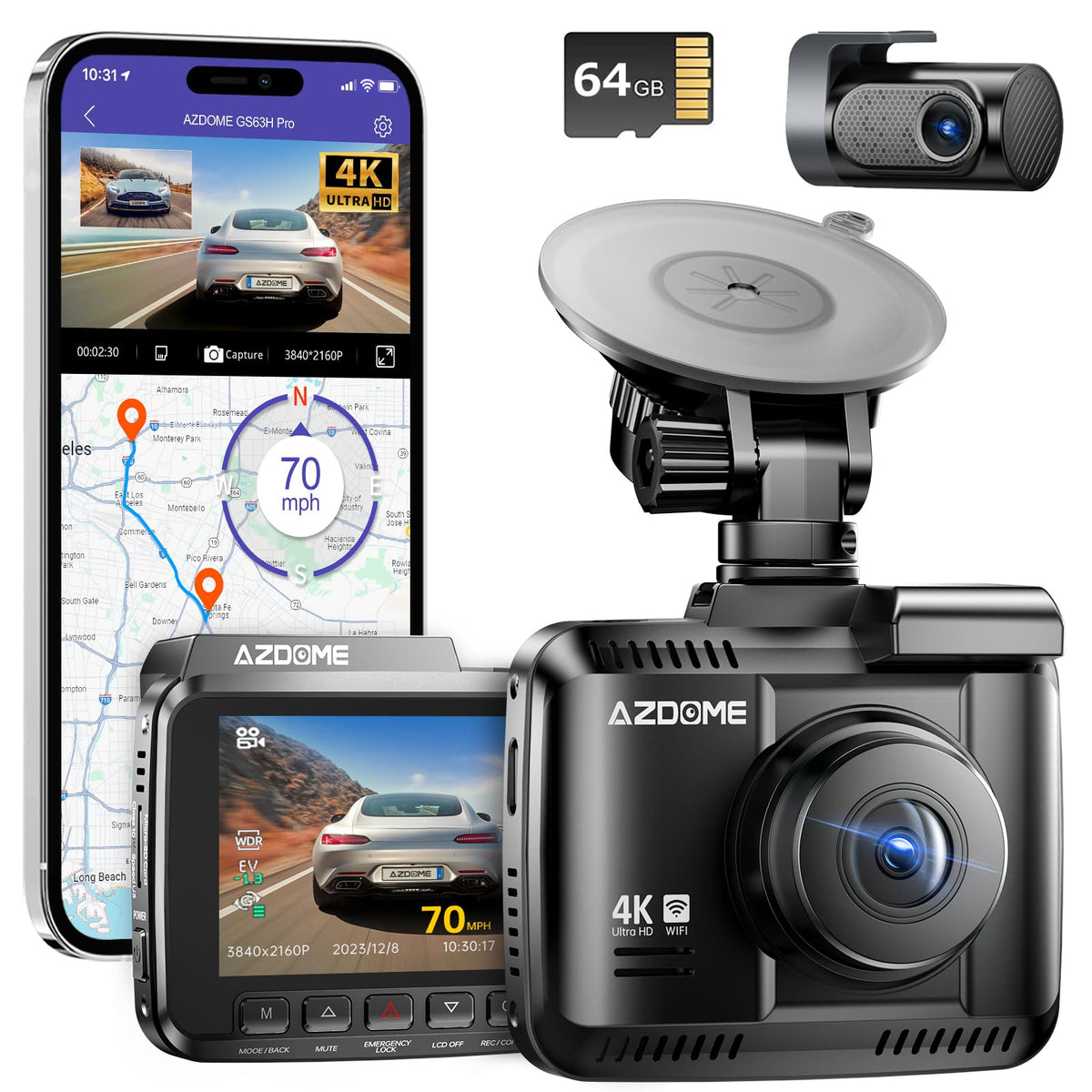 AZDOME GS63H Pro front dashcam 4K for wide-angle daytime footage