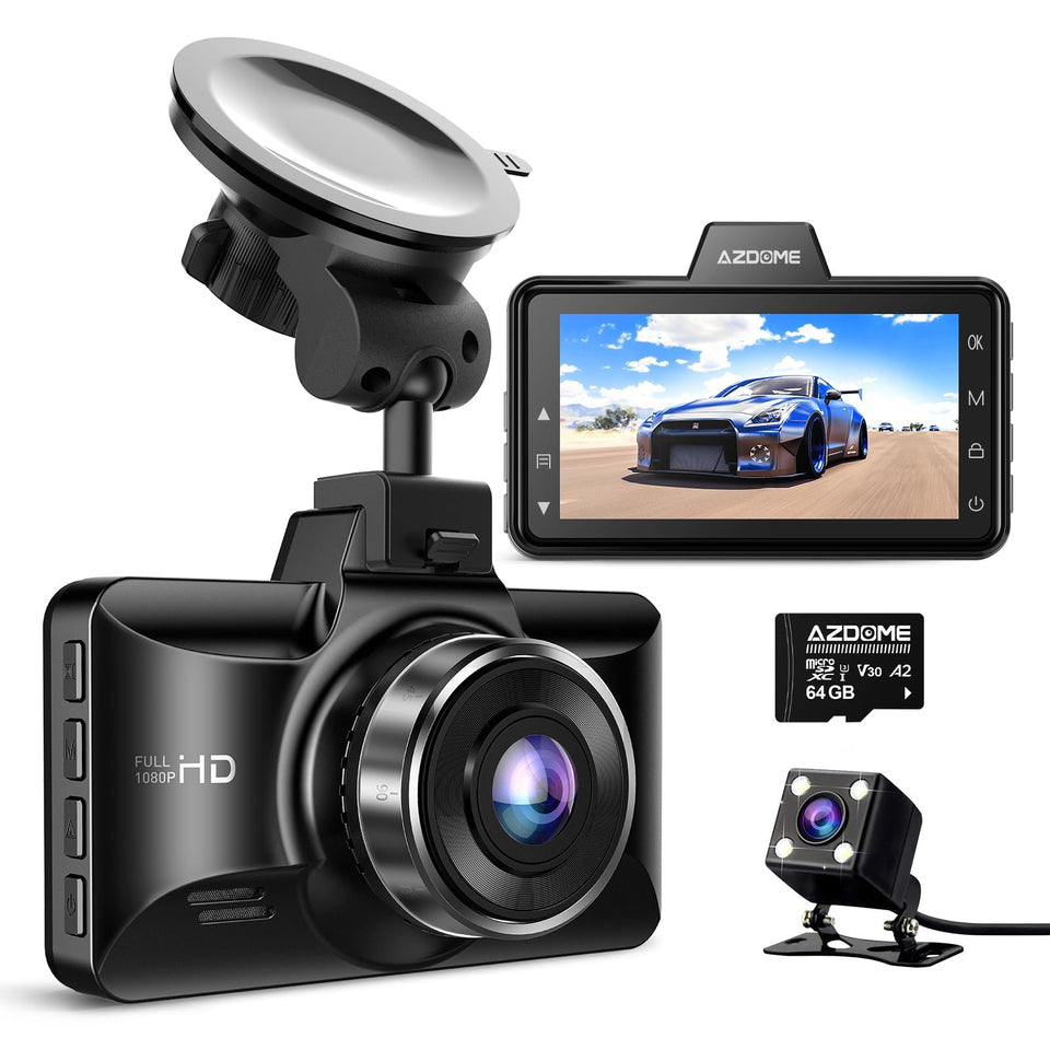 AZDOME M01 front camera close-up showing clear lens and easy mount benefit