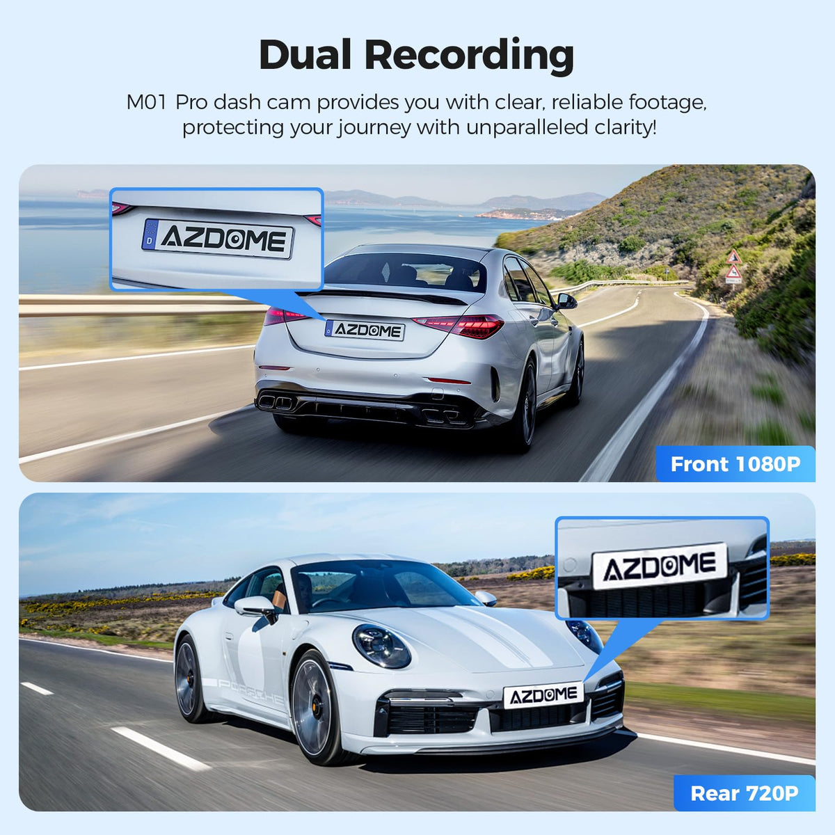 AZDOME M01 mounted on windshield capturing road ahead for driving evidence benefit